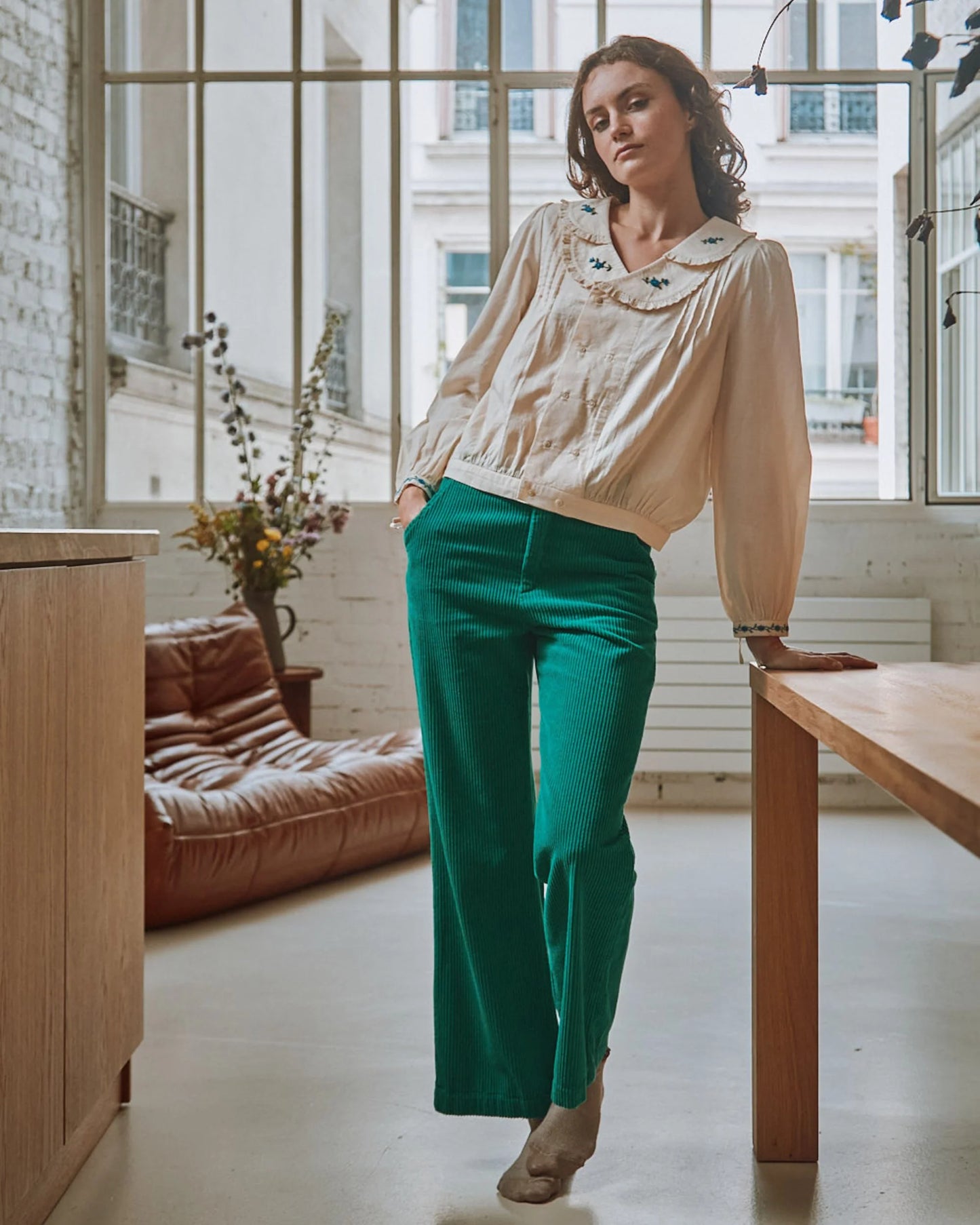 Wide Leg Corduroy Trousers - Green - Size XS