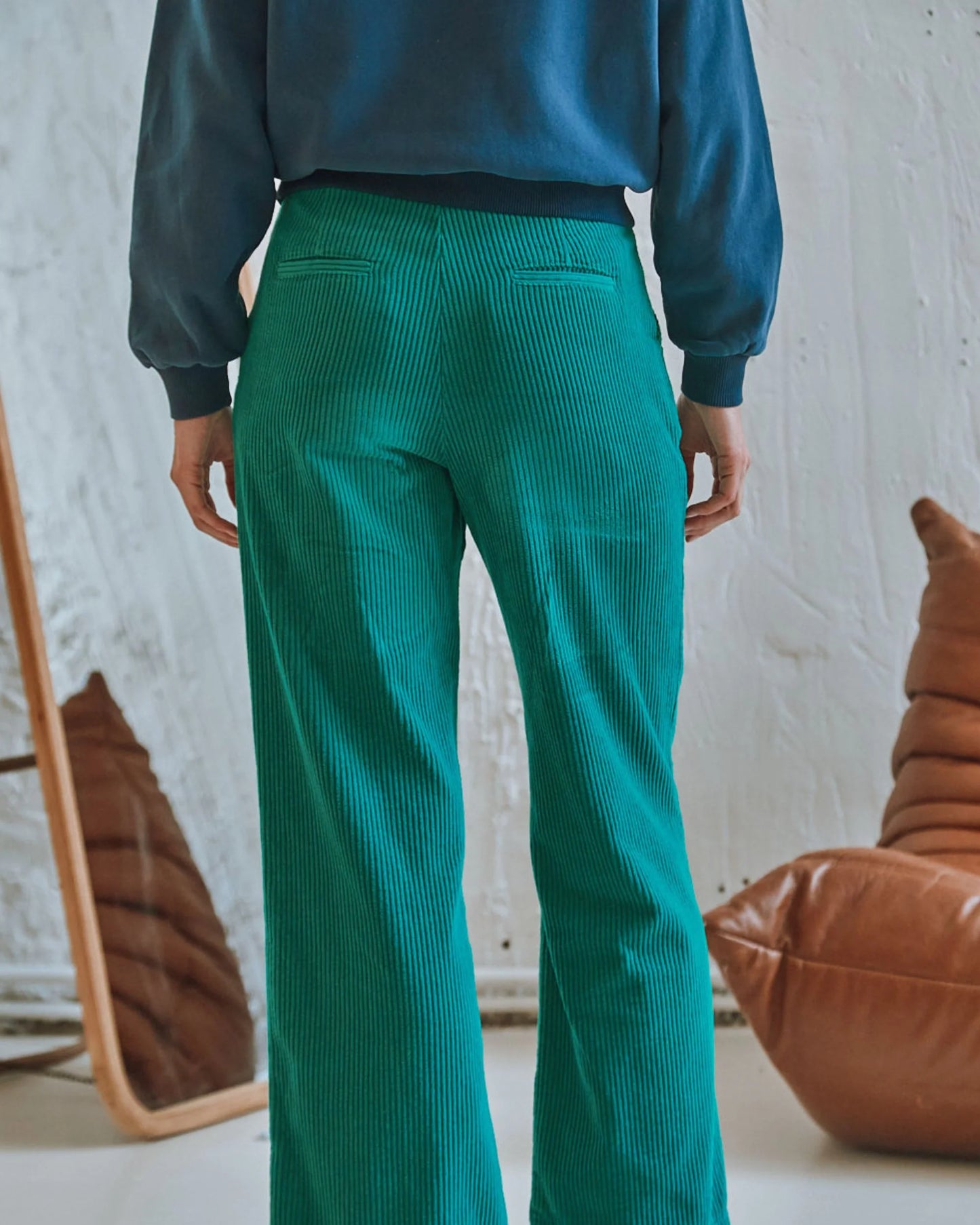 Wide Leg Corduroy Trousers - Green - Size XS