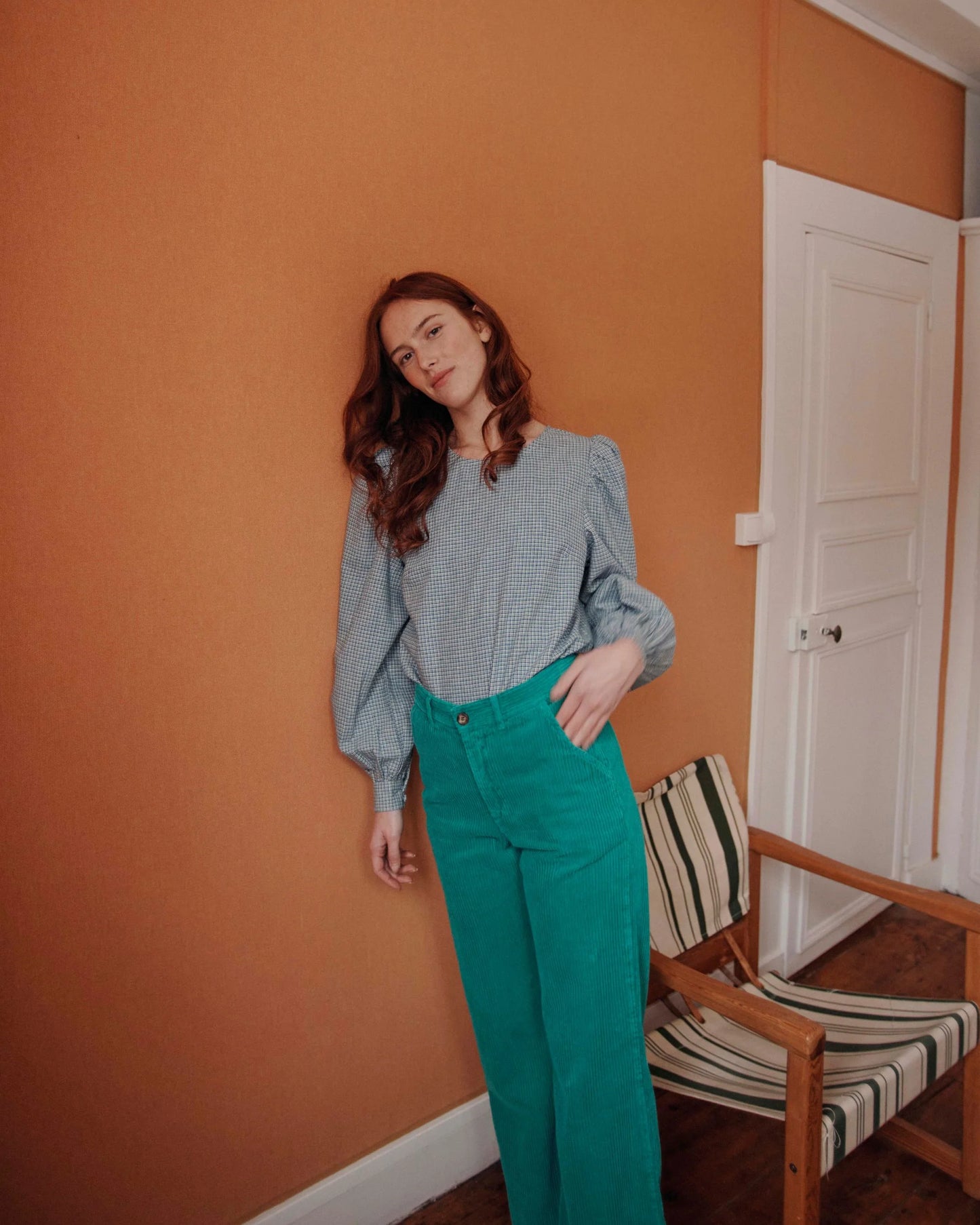 Wide Leg Corduroy Trousers - Green - Size XS