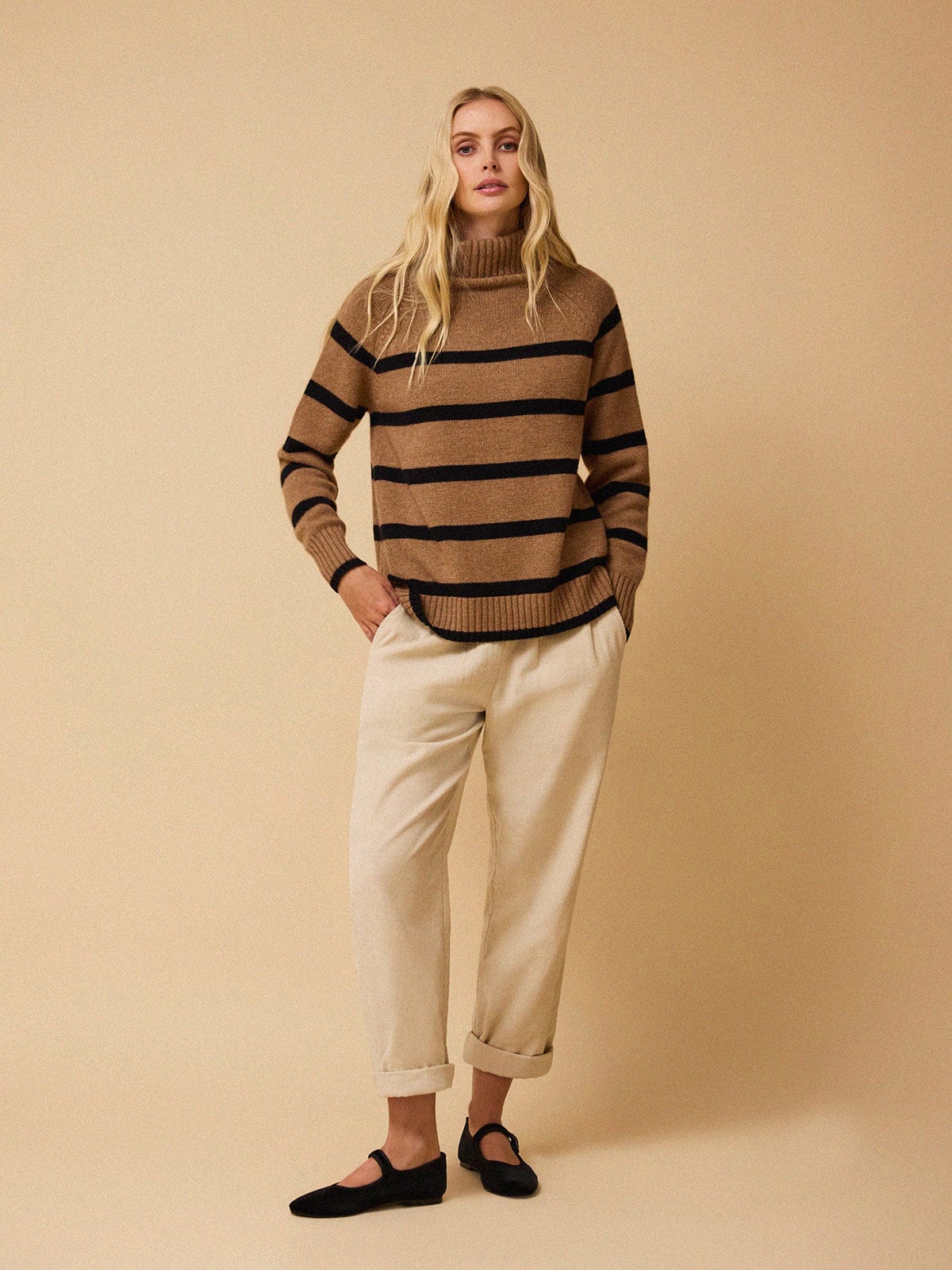 Ulla Stripe Roll Neck Jumper - Tawny & Black