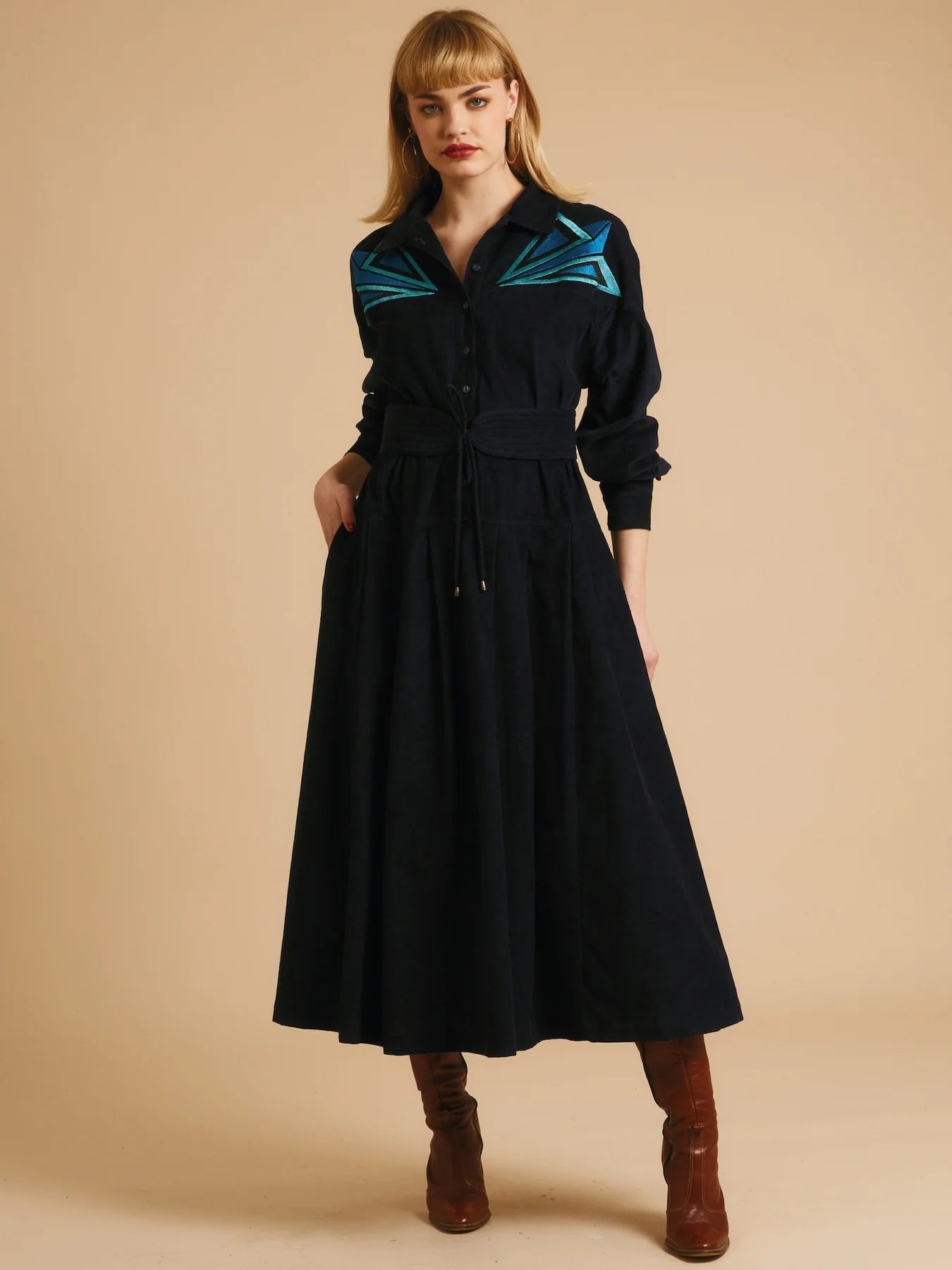 River Dress - Navy Embroidered