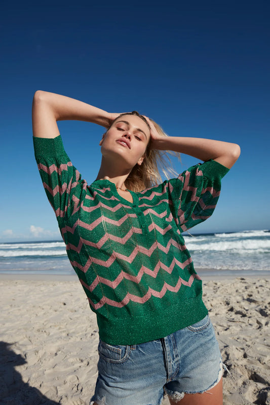 Henley Top in Green & Pink Chevron Lurex