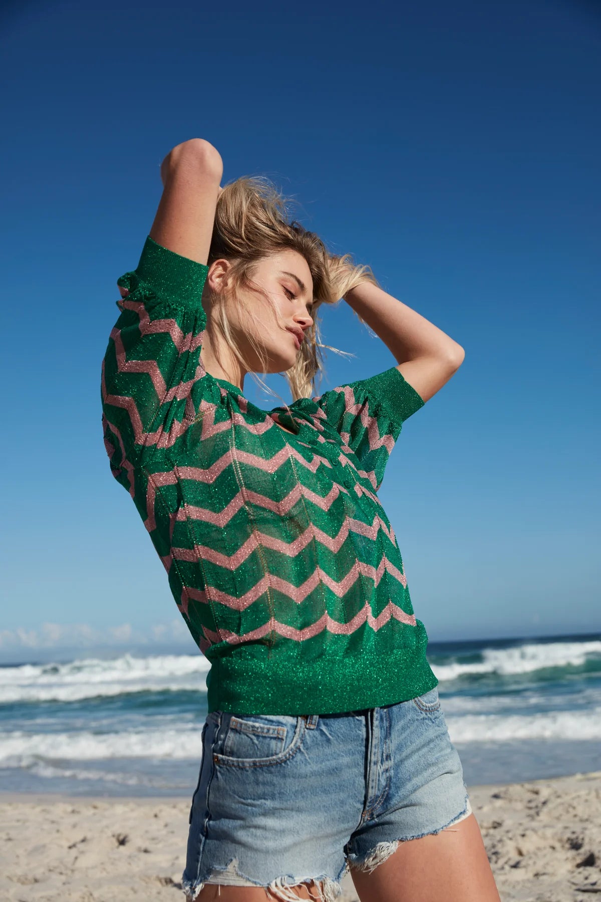 Henley Top in Green & Pink Chevron Lurex