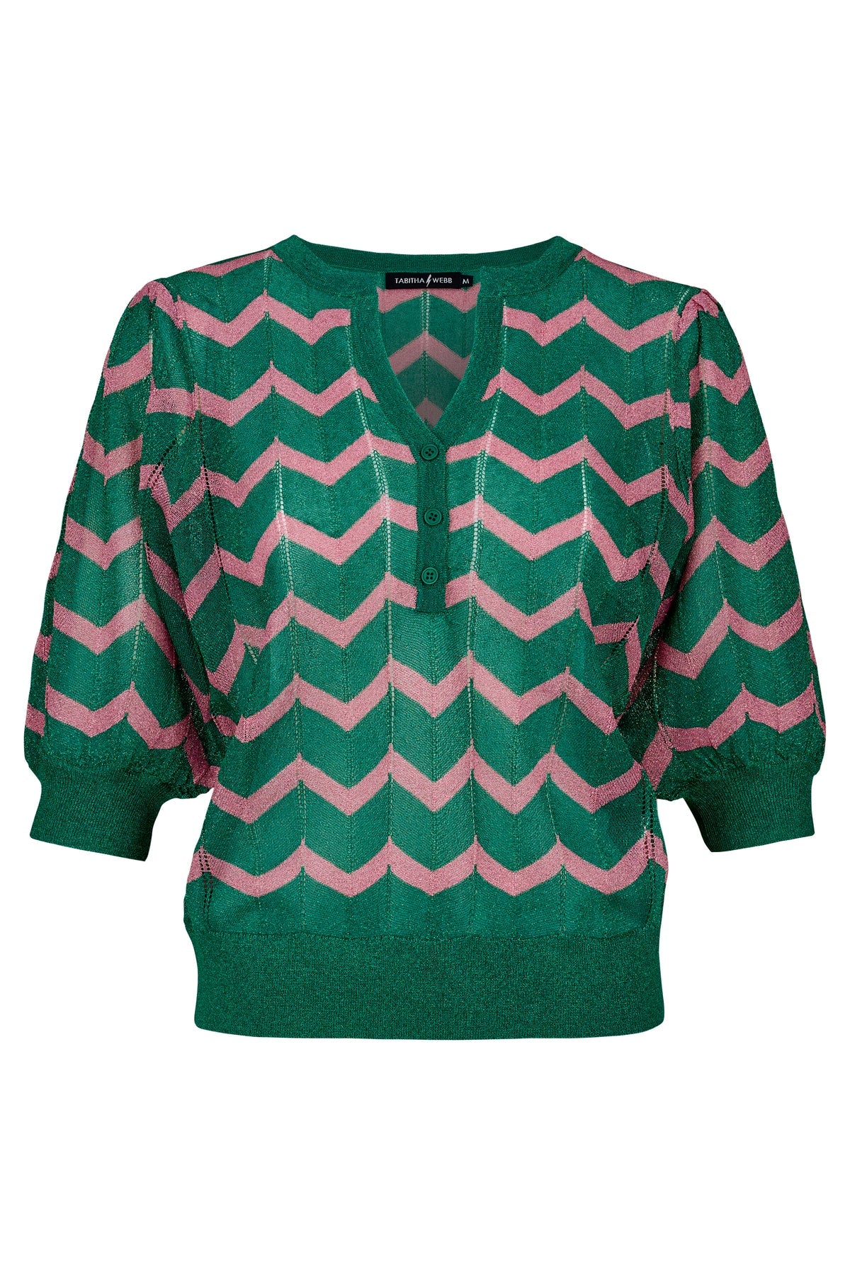 Henley Top in Green & Pink Chevron Lurex